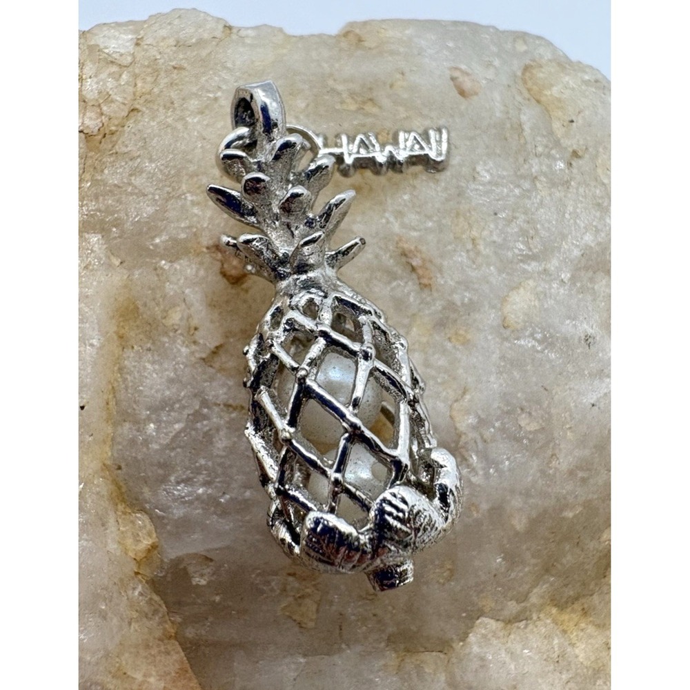 Vintage Sterling Silver Pineapple Charm Pendant with "Hawaii" Tag &‎ Faux Pearl